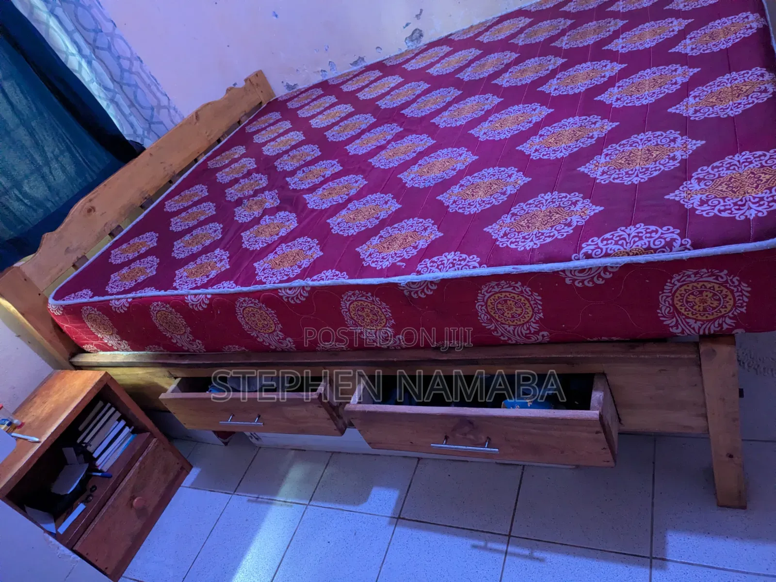 5 by 6 Bed and Mattress With Drawers and Bedside Table