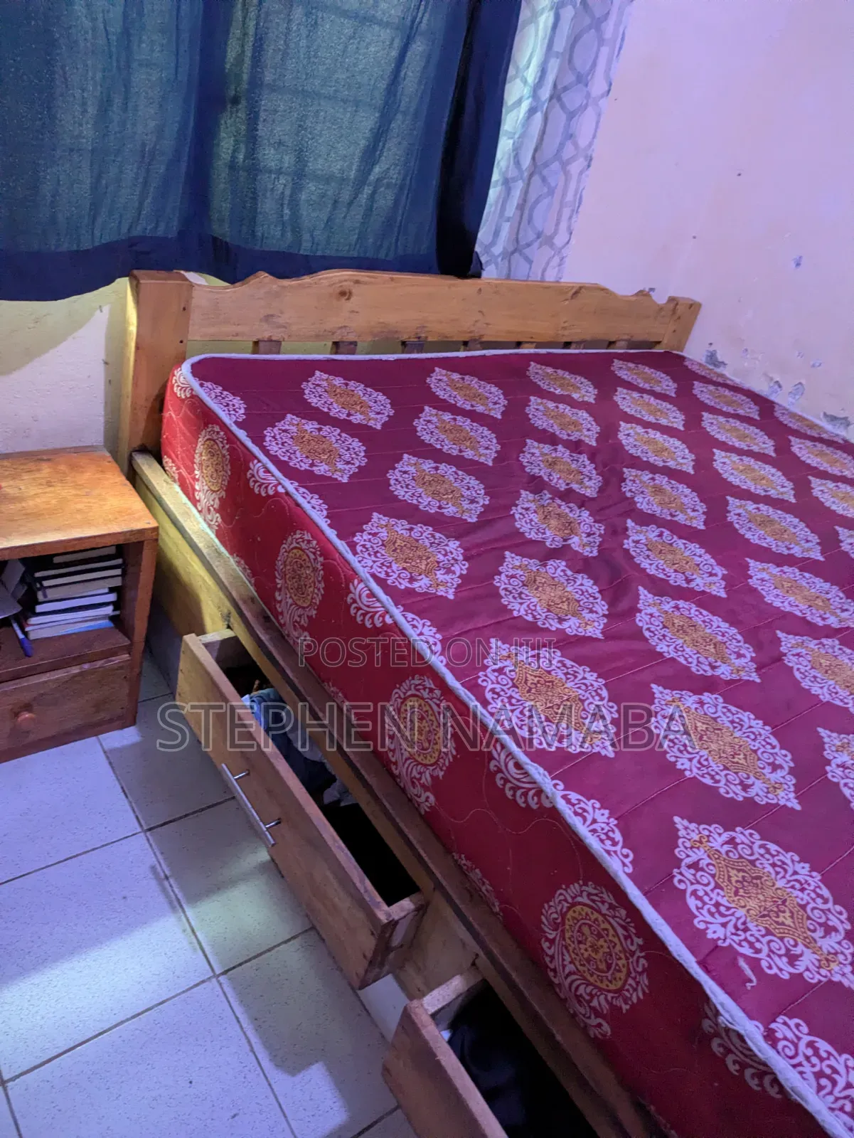 5 by 6 Bed and Mattress With Drawers and Bedside Table