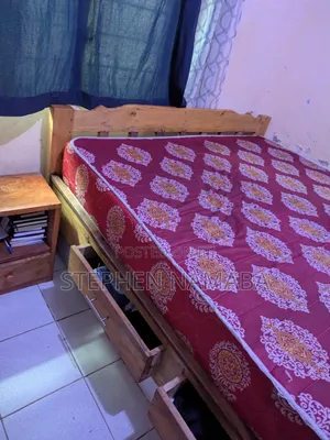 5 by 6 Bed and Mattress With Drawers and Bedside Table
