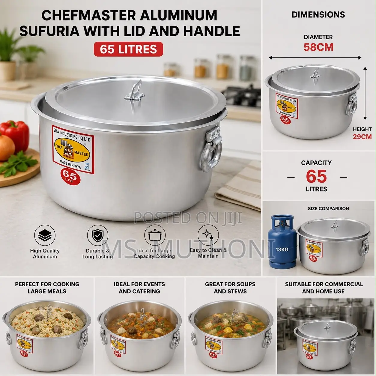 58 Cm) Chefmaster Aluminum Sufuria With Lid Handle – 65 Litres