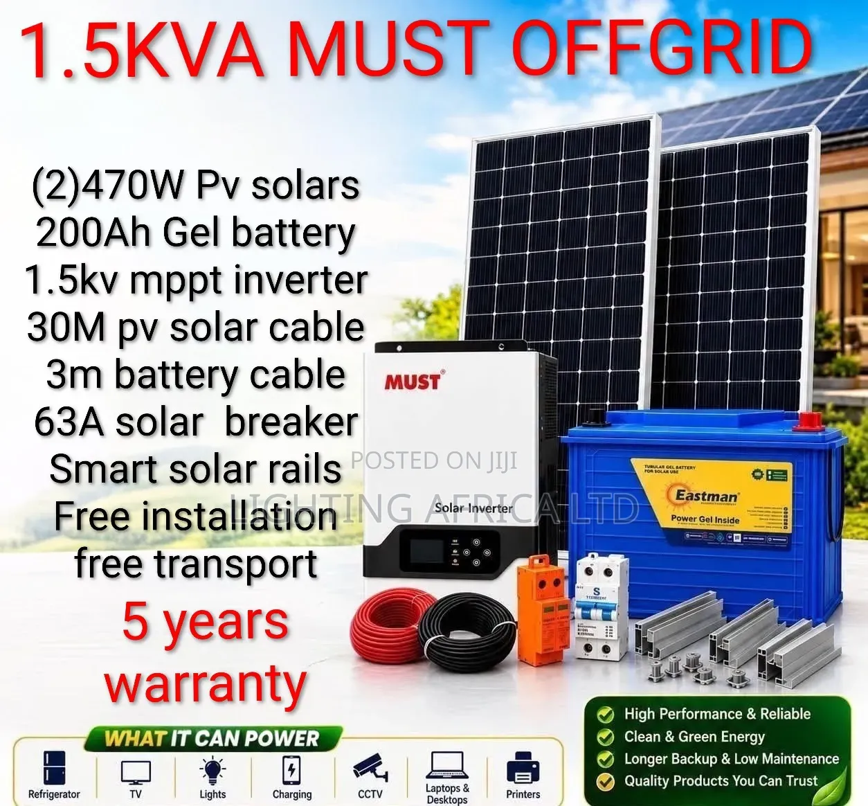 1.5kva -200Ah Gel Battery -(2)470w Solar-Free Installation Transport