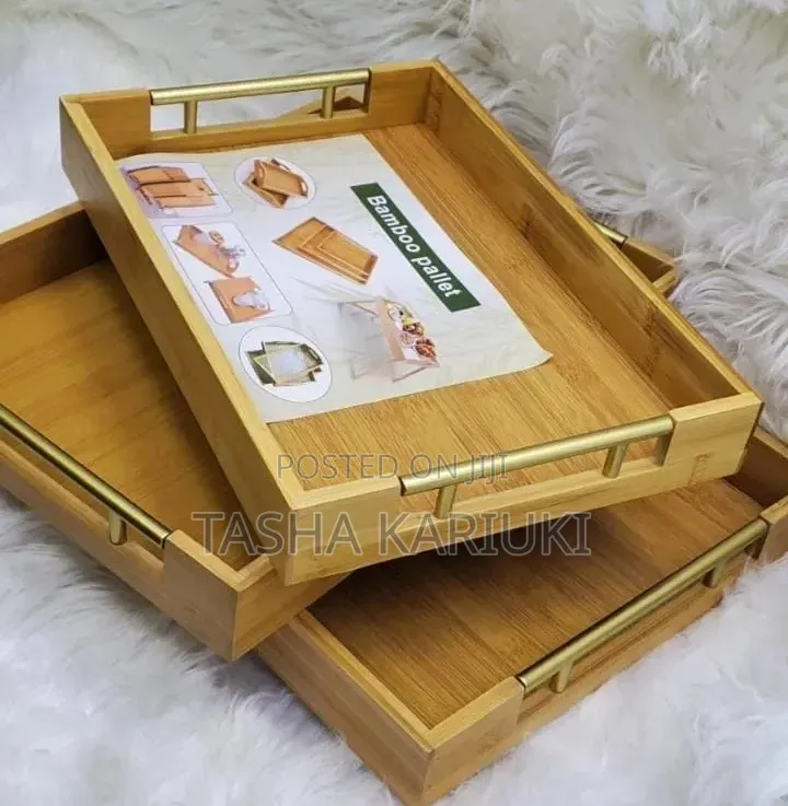 3 in 1 Bamboo Tray With Long Gold Handle