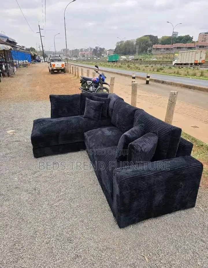 6-Seater L Seat Black Corduroy Sofa