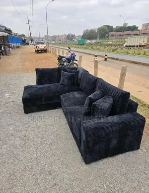 6-Seater L Seat Black Corduroy Sofa