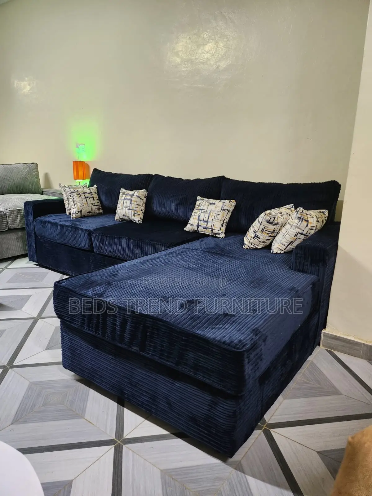 6-Seater L Seat Dark Blue Corduroy Sofa