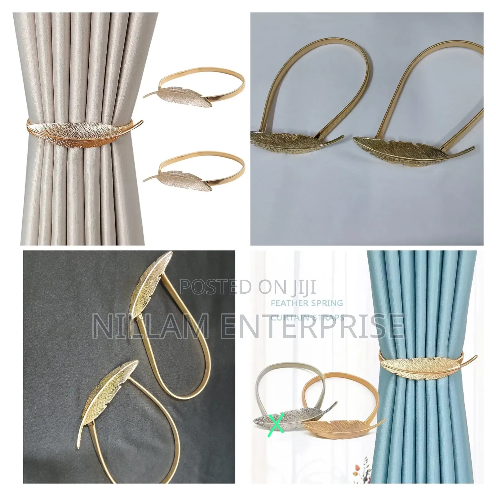 A Pair of Feather Shaped Elastic, Metallic Curtain Buckles *