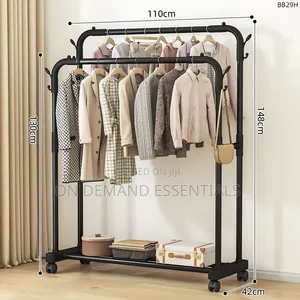Double Pole Clothing Rack With Wheels Lower Storage Shelf for Boxes