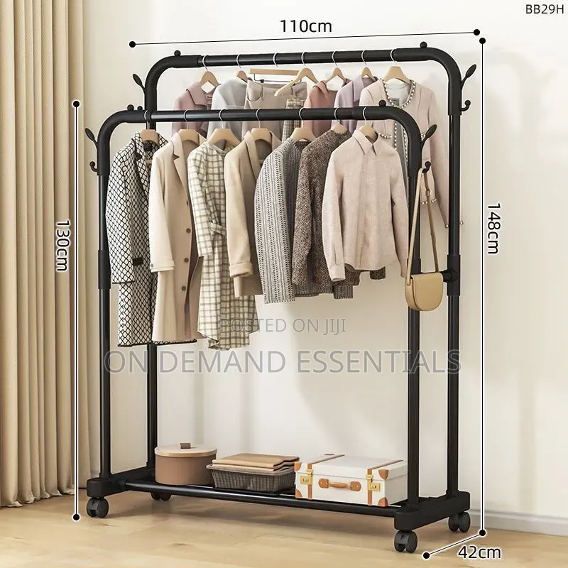 Double Pole Clothing Rack With Wheels Lower Storage Shelf for Boxes