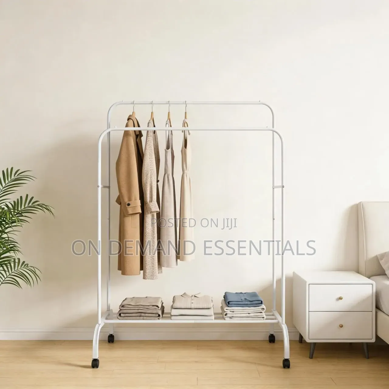 Double Pole Clothing Rack With Wheels Lower Storage Shelf for Boxes