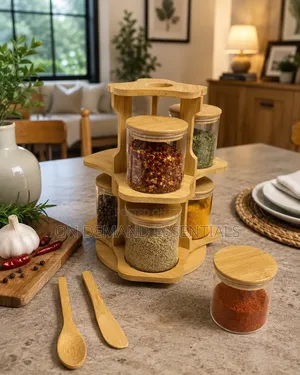 6 PCS Bamboo Spice Rack Set With a Rotating Stand