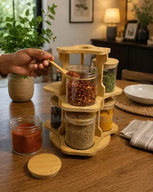 6 PCS Bamboo Spice Rack Set With a Rotating Stand