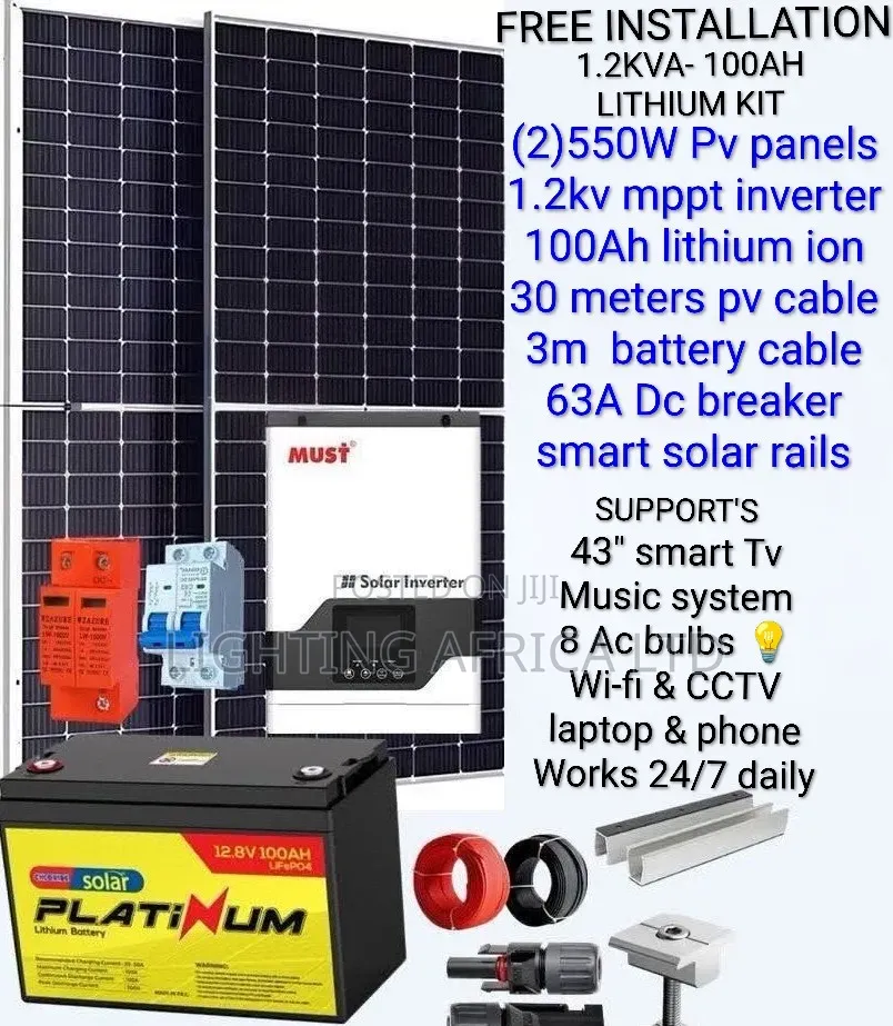 1.2kva - 100Ah Lithium - (2)550w Solar Panels for Home Use (TV, WiFi)