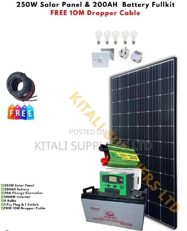 250W Solar Fullkit With 200ah Battery Plus Free Accessories 10mcable