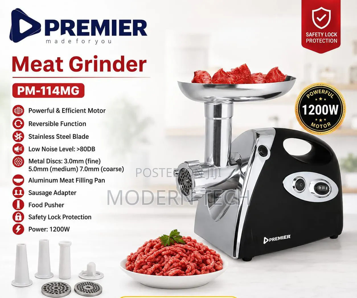 Premier 1200W Heavy-Duty Electric Meat Grinder Sausage Maker