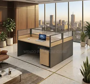 Office Workstation; Two Users Square Shaped Brown Office Workstation