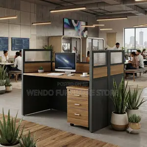 Office Workstation; Two Users Square Shaped Brown Office Workstation