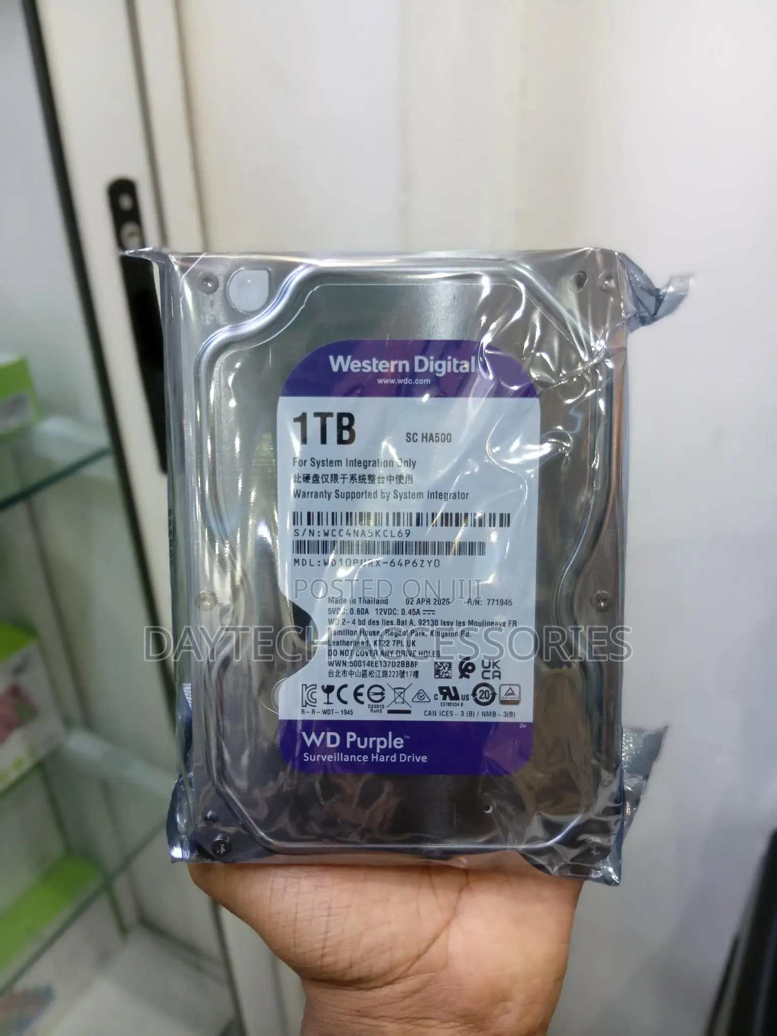Western Digital (WD) Purple 1TB Surveillance Hard Drive.
