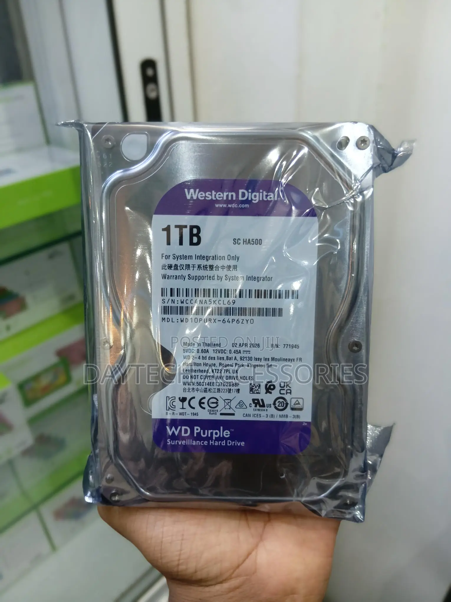 Western Digital (WD) Purple 1TB Surveillance Hard Drive.