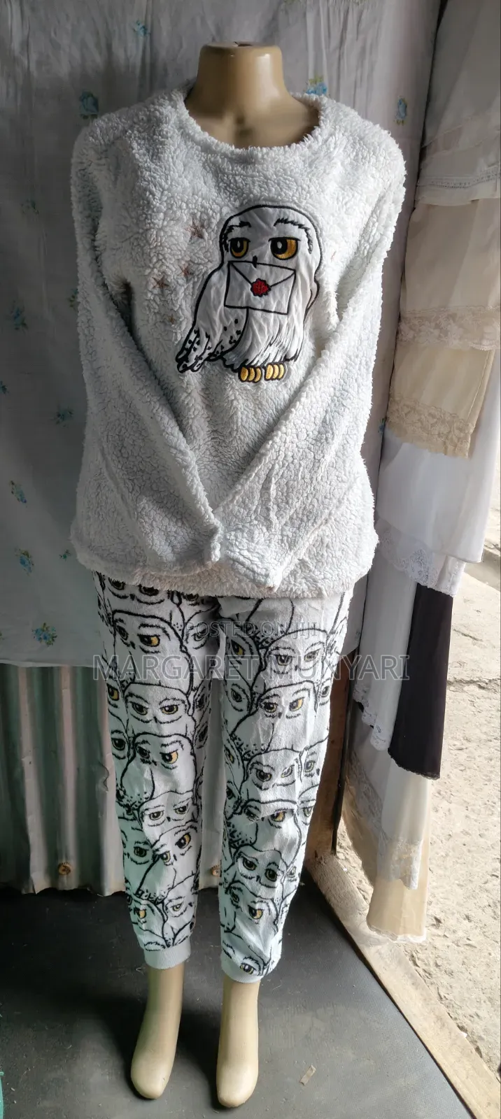 Cream White and Checked Black Warm Pajamas