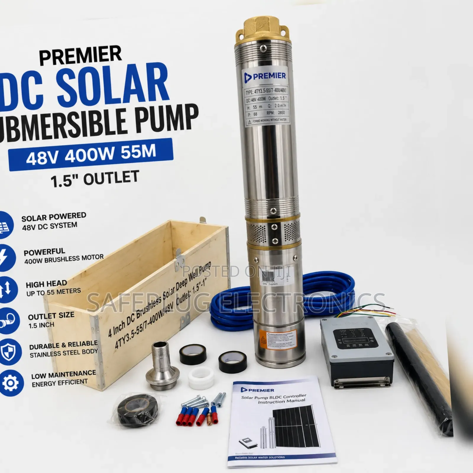 Premier 48V Solar Borehole Water Pump 400W – 55M Lift DC Submersible