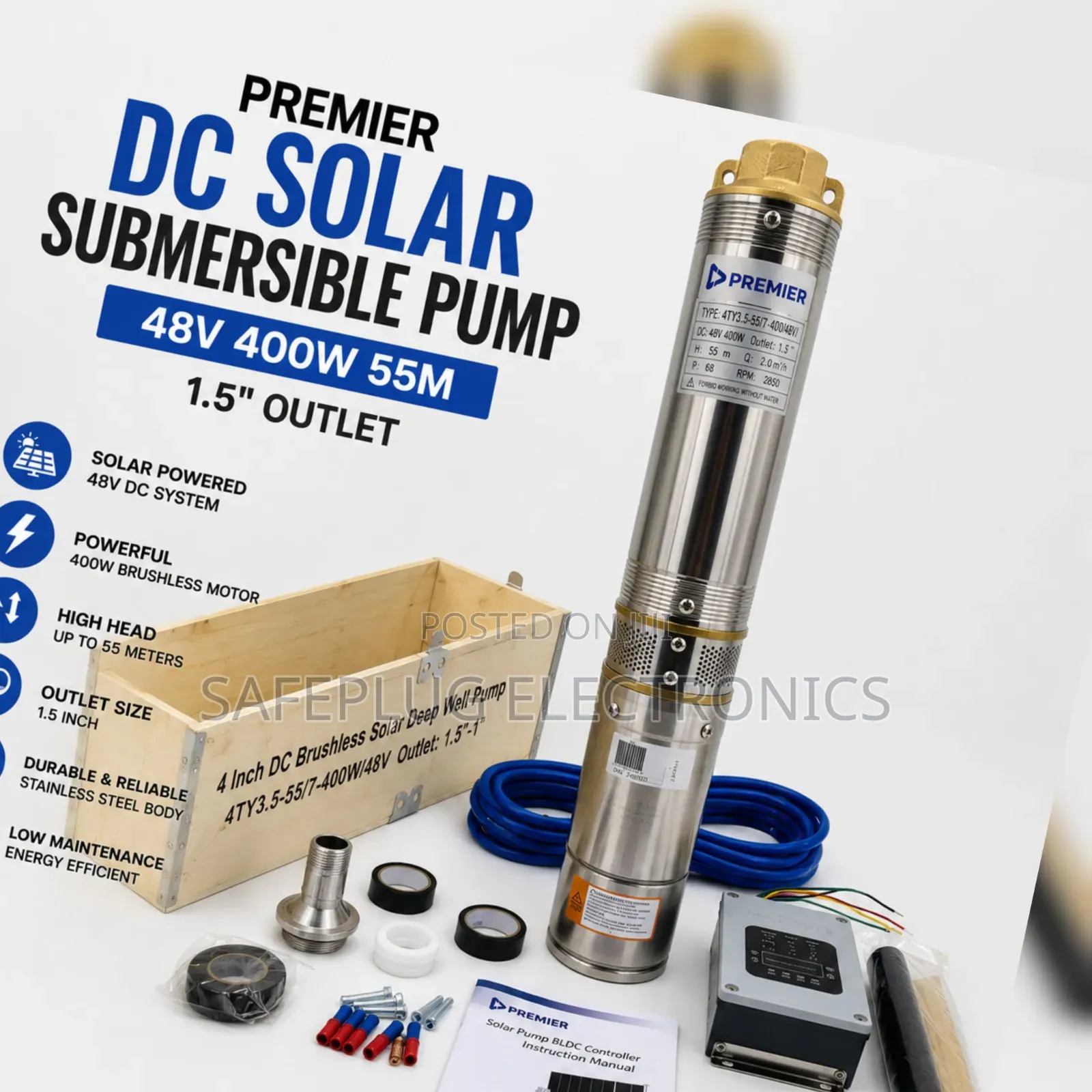 DC Solar Submersible Pump 400W 48V | 55M Head Deep Well Water Pump