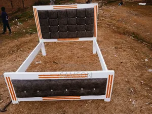 Modern Upholstered Wooden Bed Frame (White and Grey With Orange Accent