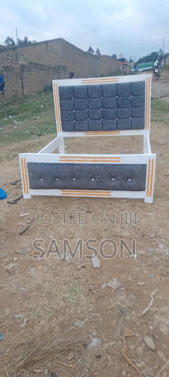 Modern Upholstered Wooden Bed Frame (White and Grey With Orange Accent
