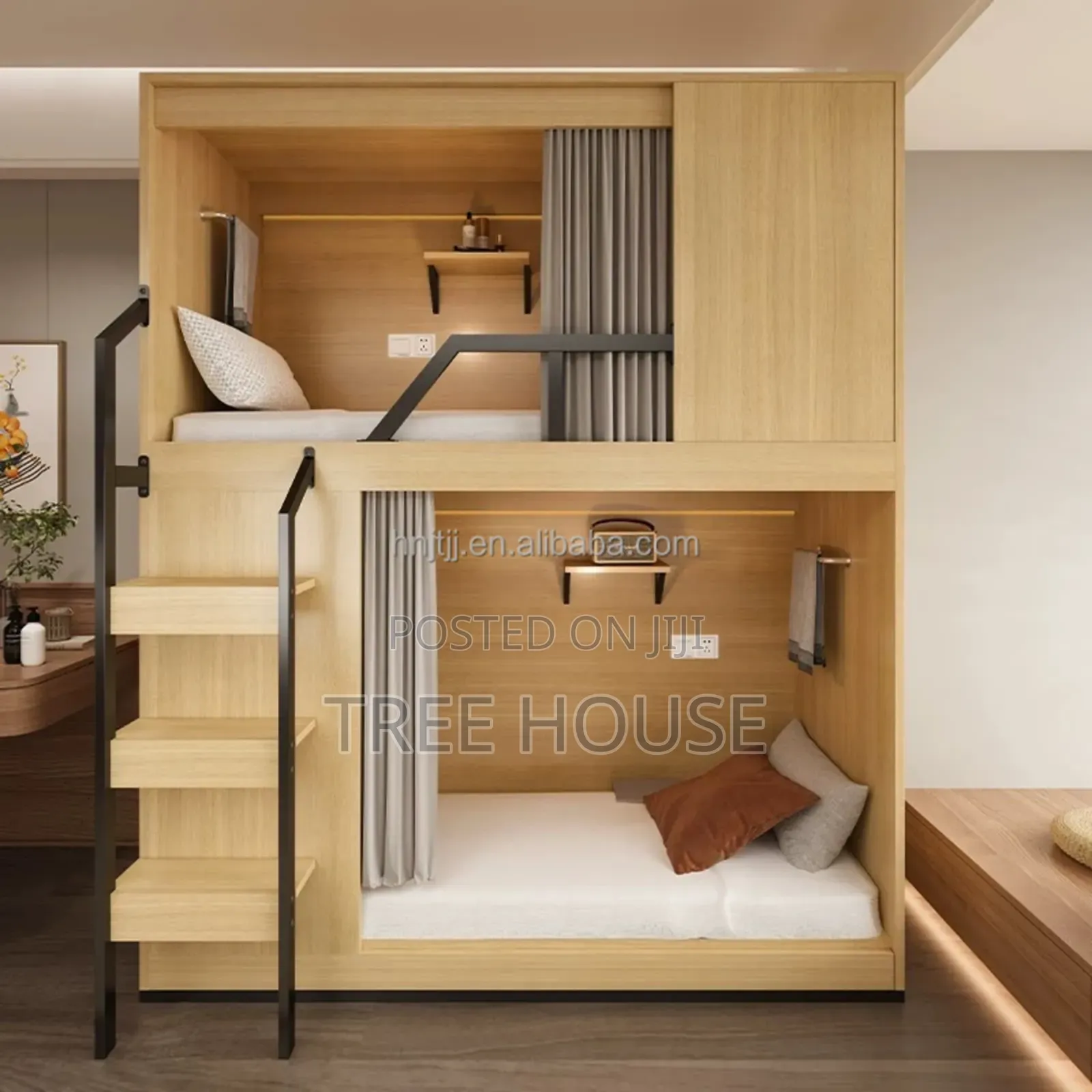 Double Bunk Bed With Built-in Storage Drawers and Shelves