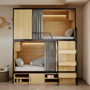 Double Bunk Bed With Built-in Storage Drawers and Shelves