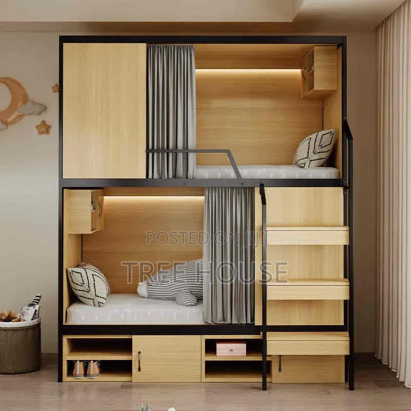 Double Bunk Bed With Built-in Storage Drawers and Shelves