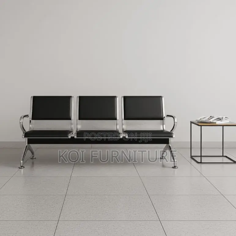 Office Bench; Three Seater Leather Cushioned Bench With Metal