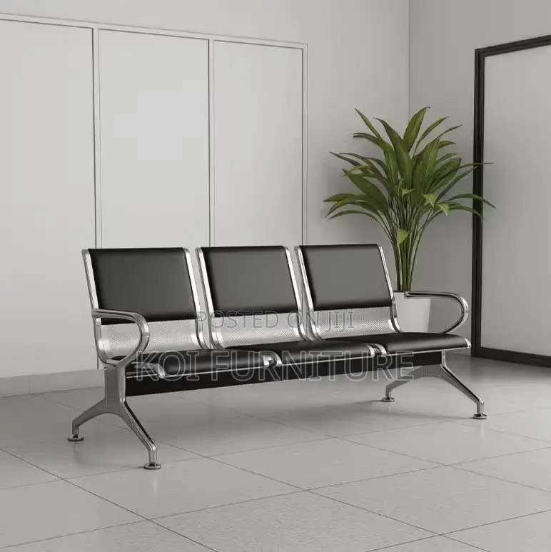 Office Bench; Three Seater Leather Cushioned Bench With Metal