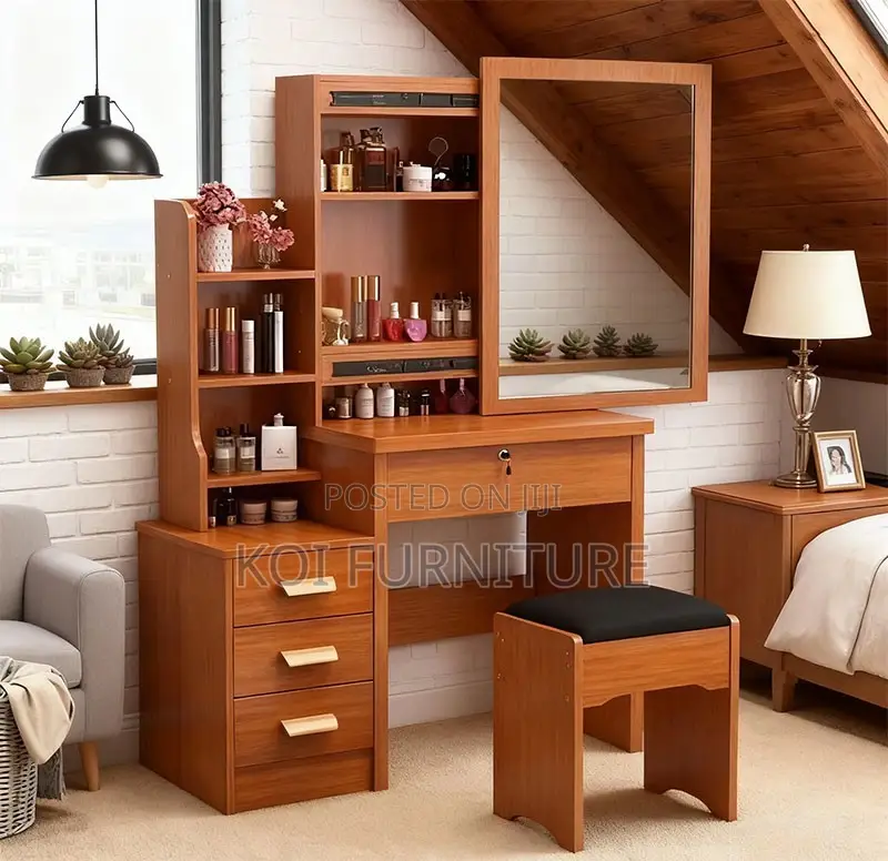Dressers; Brown Dressing Vanity Set With Slidining Mirror Table