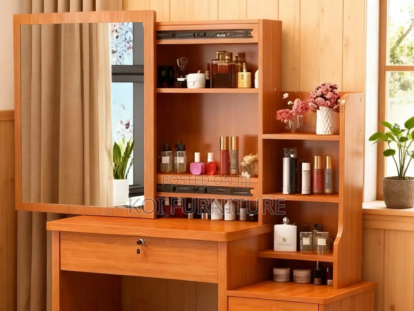 Dressers; Brown Dressing Vanity Set With Slidining Mirror Table