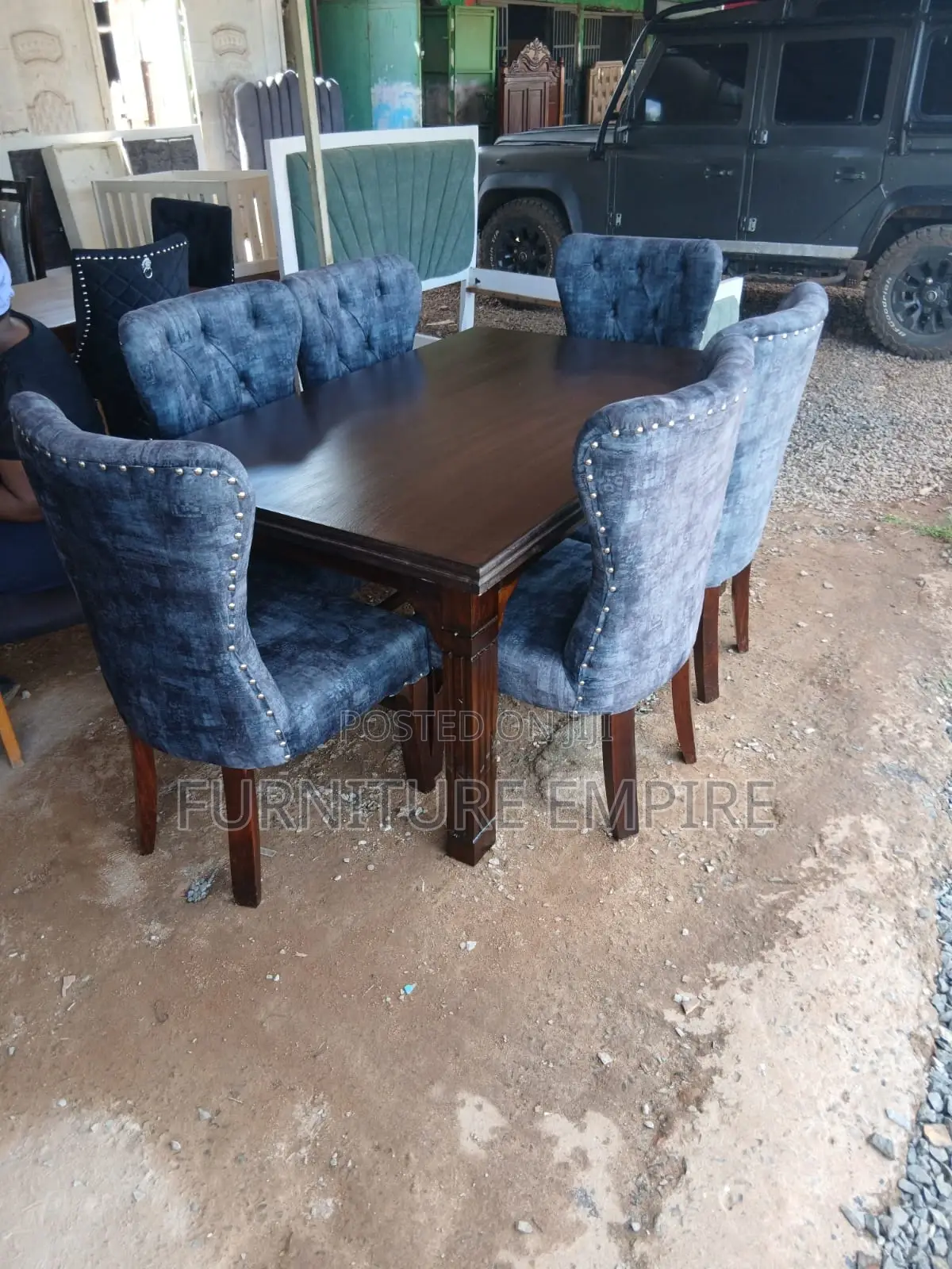 6 Seater Dining Set Dark Wood Blue Upholstery