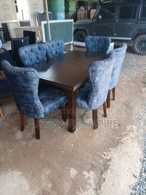 6 Seater Dining Set Dark Wood Blue Upholstery