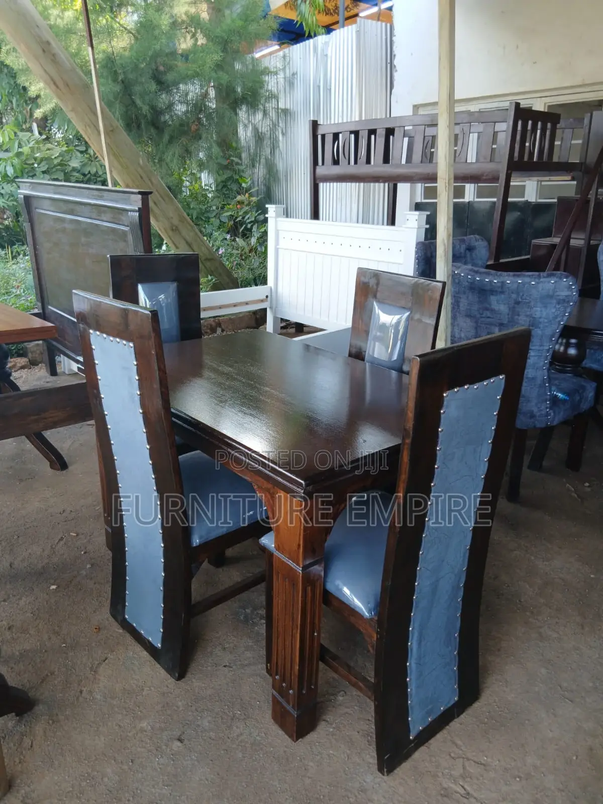 4 Seater Rectangular Dining Set Dark Wood Blue Upholstery