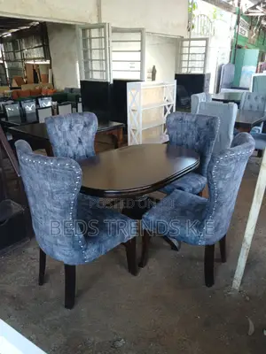 4 Seater Oval Dining Set Dark Wood Gray Upholstery