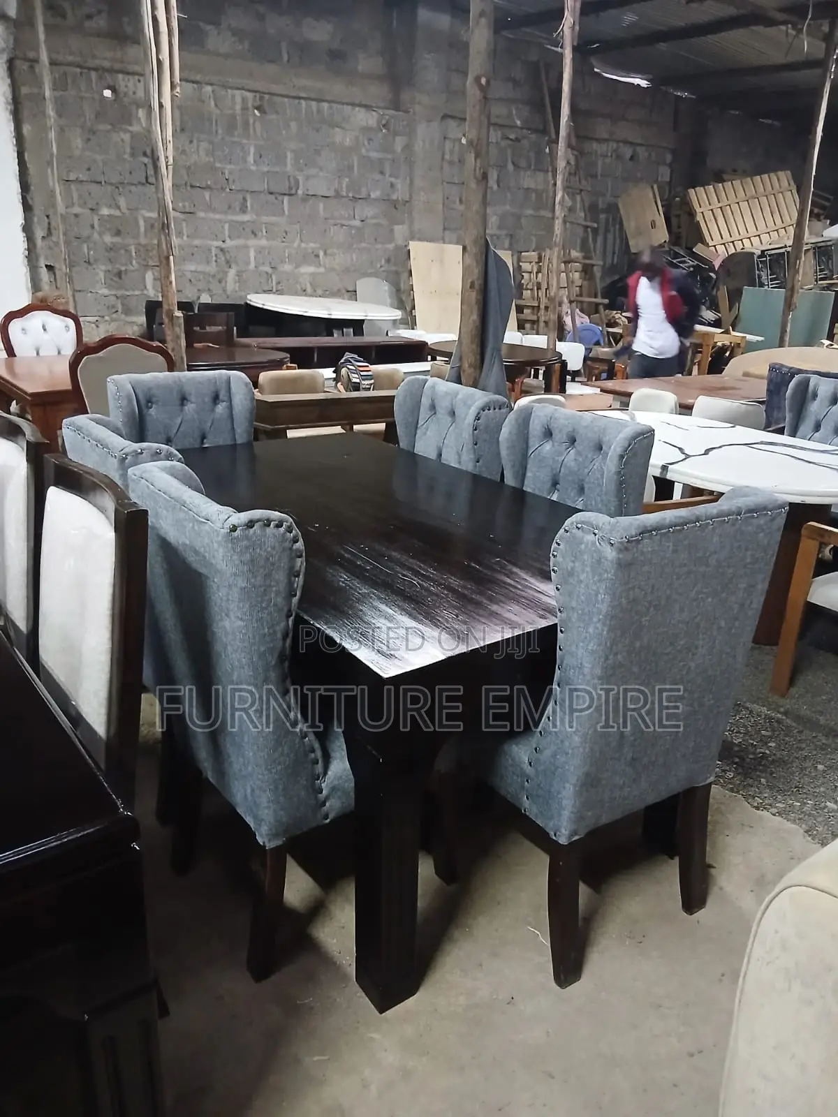 6 Seater Rectangular Dining Set Dark Wood Gray Upholstery