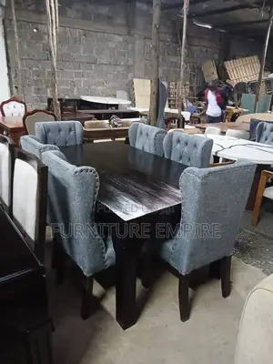 6 Seater Rectangular Dining Set Dark Wood Gray Upholstery