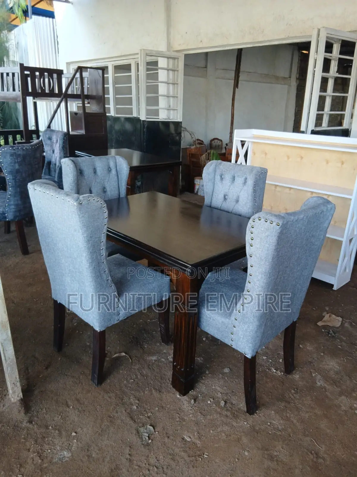 4 Seater Rectangular Dining Set Dark Wood Gray Upholstery