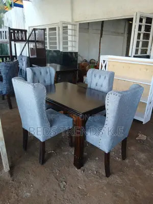 4 Seater Rectangular Dining Set Dark Wood Gray Upholstery