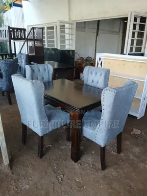 4 Seater Rectangular Dining Set Dark Wood Gray Upholstery
