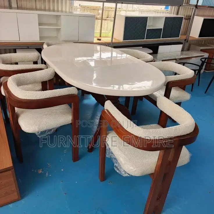 6 Seater Oval Dining Set White Gloss Cream Upholstery