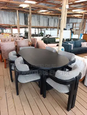 6 Seater Oval Dining Set Black Wood Houndstooth Upholstery