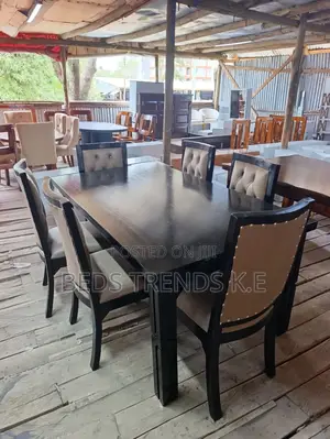 6 Seater Rectangular Dining Set Dark Wood Beige Upholstery