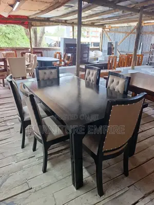 6 Seater Rectangular Dining Set Dark Wood Beige Upholstery