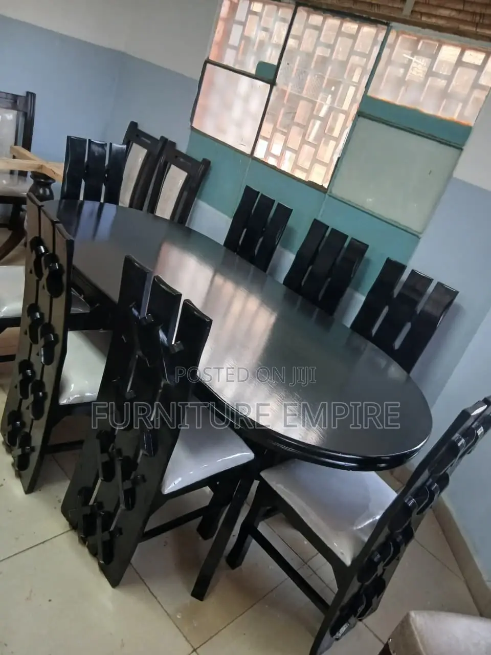 8 Seater Oval Dining Set Black Wood Cream Upholstery