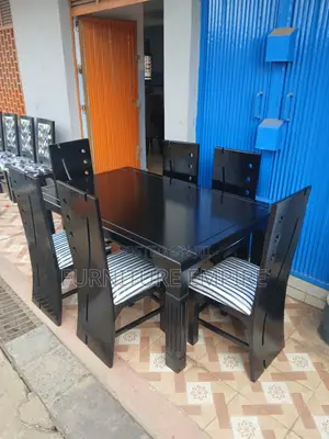 6 Seater Rectangular Dining Set Black Wood Striped Cushions