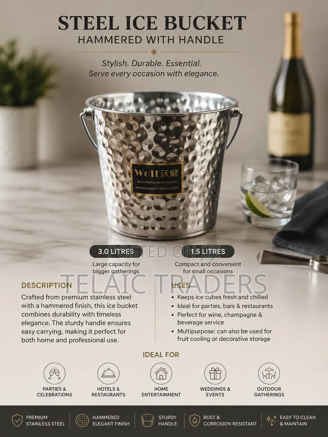 Steel Ice Bucket Hammered With Handle